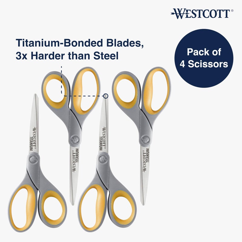 Westcott 8-Inch Titanium Bonded Scissors for Home, Office, and Classroom - Perfect for Cutting Paper, Sewing, and Crafts - Heavy-Duty Design with Soft Handle - Gray/Yellow - 4-Pack - Image 2